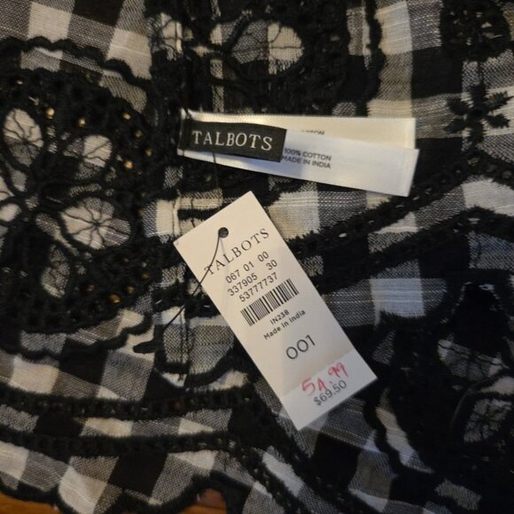 Talbots Gingham Checked Scarf Eyelet Embroidery Rectangle Black White Check NEW - Picture 3 of 5